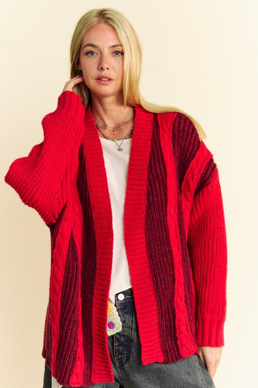 Davi & Dani Cable-Knit Color Block Open Front Cardigan Trendsi