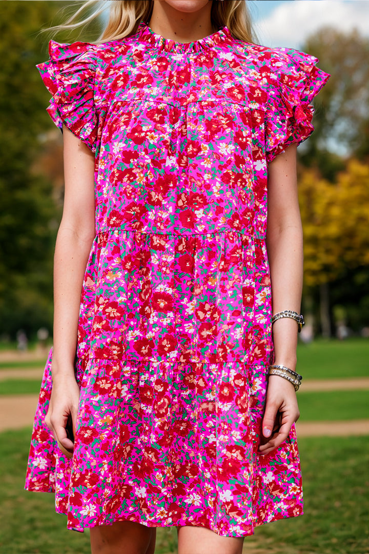 Ruffled Printed Cap Sleeve Mini Dress Trendsi