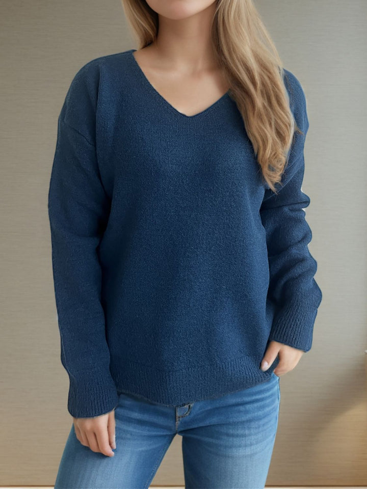 V-Neck Dropped Shoulder Long Sleeve Sweater Trendsi