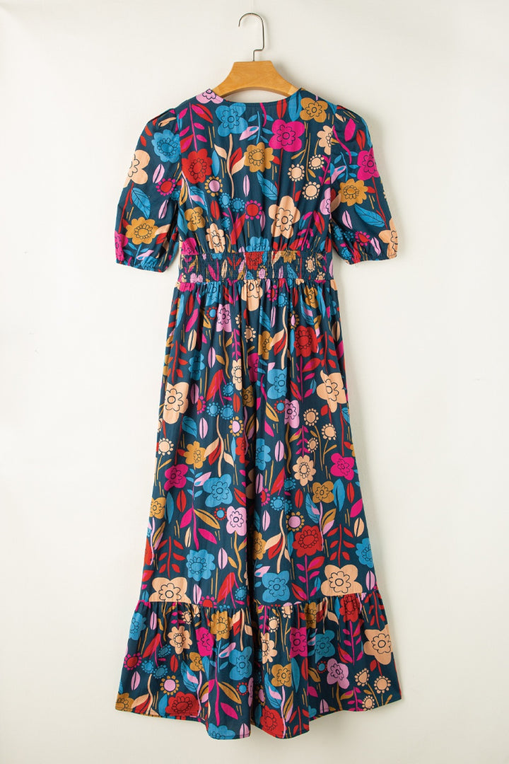 Printed Notched Puff Sleeve Midi Dress Trendsi