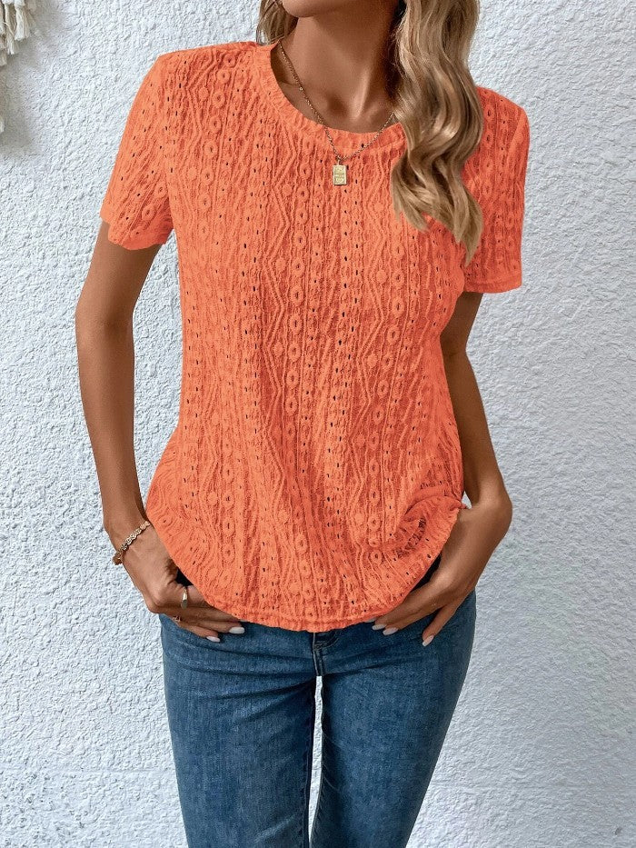 Hollowed Leisure Solid Color Round Neck T-shirt-Super Amazing Store