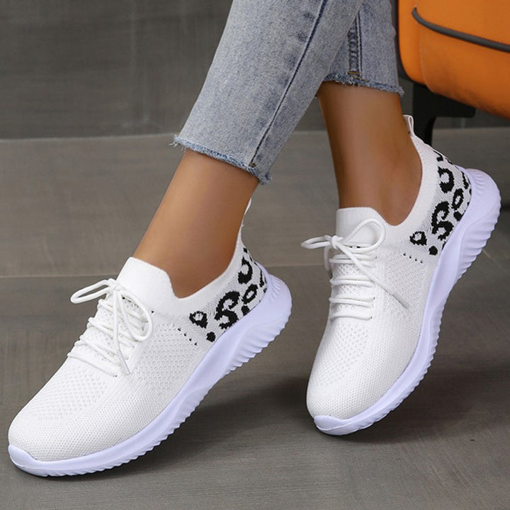 White Shoes Women Leopard Print Lace-up Sneakers Sports Q2