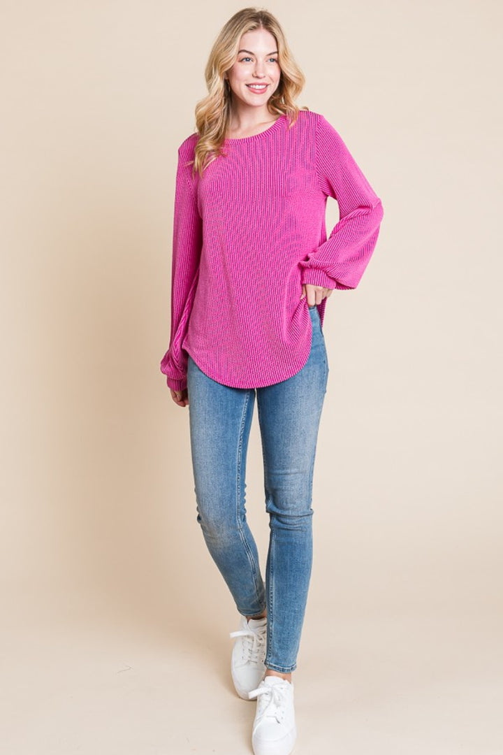 BOMBOM Long Sleeve Curved Hem Ribbed T-Shirt Trendsi