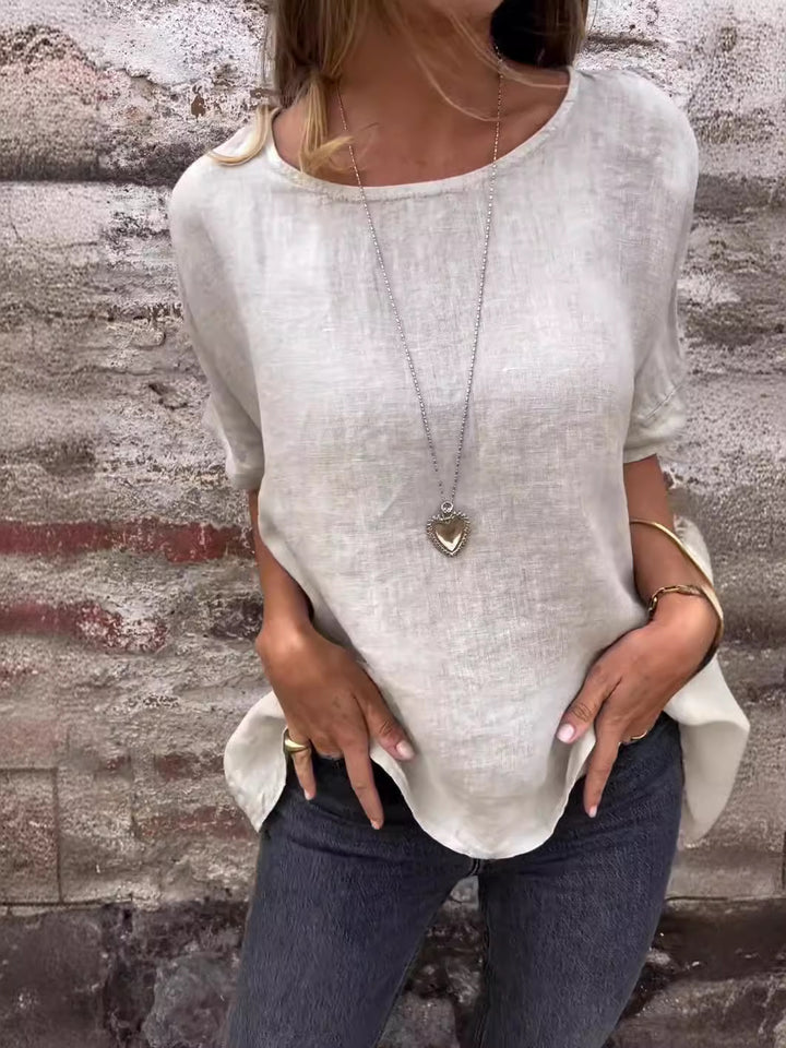 Women's Round Neck Long Sleeve Cotton And Linen Loose-fitting T-shirt Top-Super Amazing Store