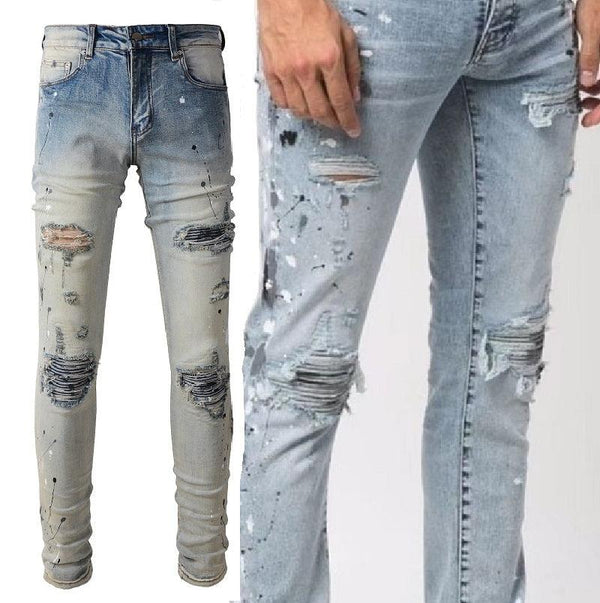 Light Colored Paint Splashing Ink Making Old Washed Jeans For Men - Super Amazing Store