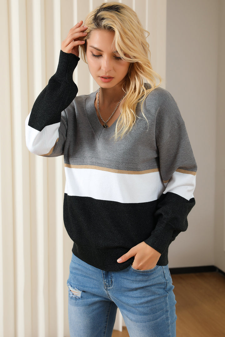 Color Block V Neck Long Sleeve Sweater Trendsi