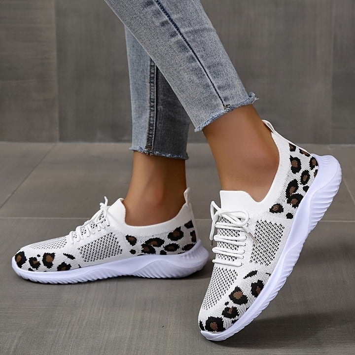 White Shoes Women Leopard Print Lace-up Sneakers Sports Q2