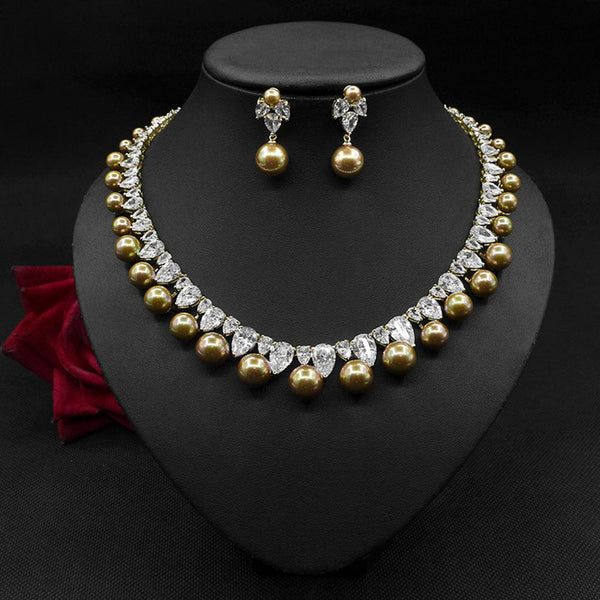 Pearl Zircon Earrings Necklace Set Dinner Jewelry - Super Amazing Store