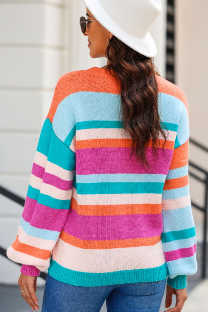 Striped Round Neck Drop Shoulder Sweater Trendsi