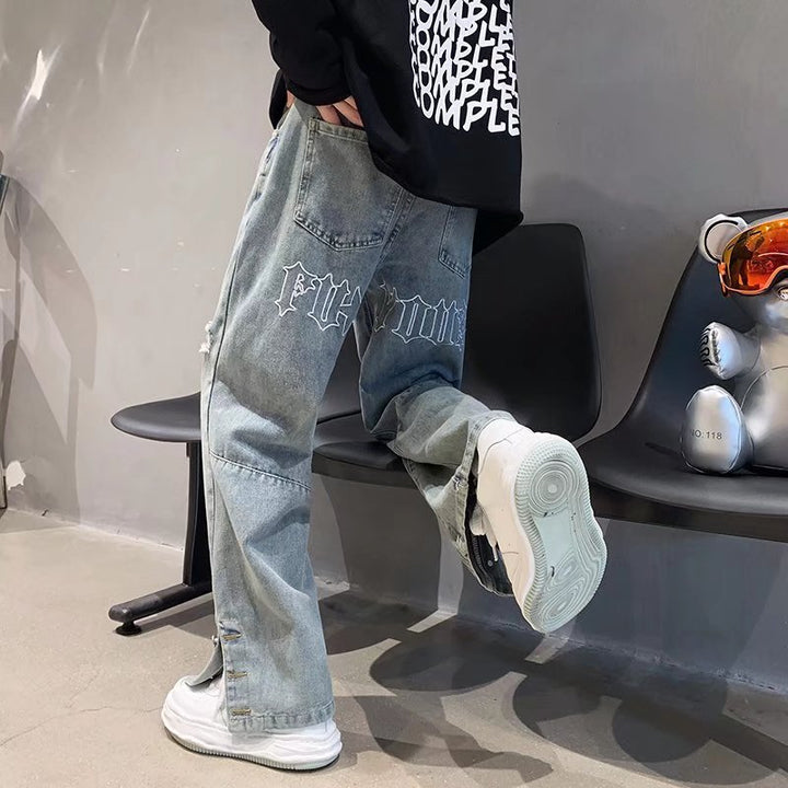 American Letter Embroidered Jeans High Street Fashion Brand Hip Hop Straight-leg Pants Q2