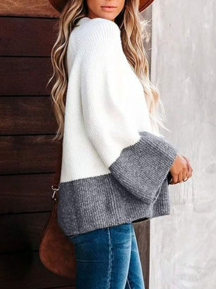 Contrast Round Neck Long Sleeve Sweater Trendsi