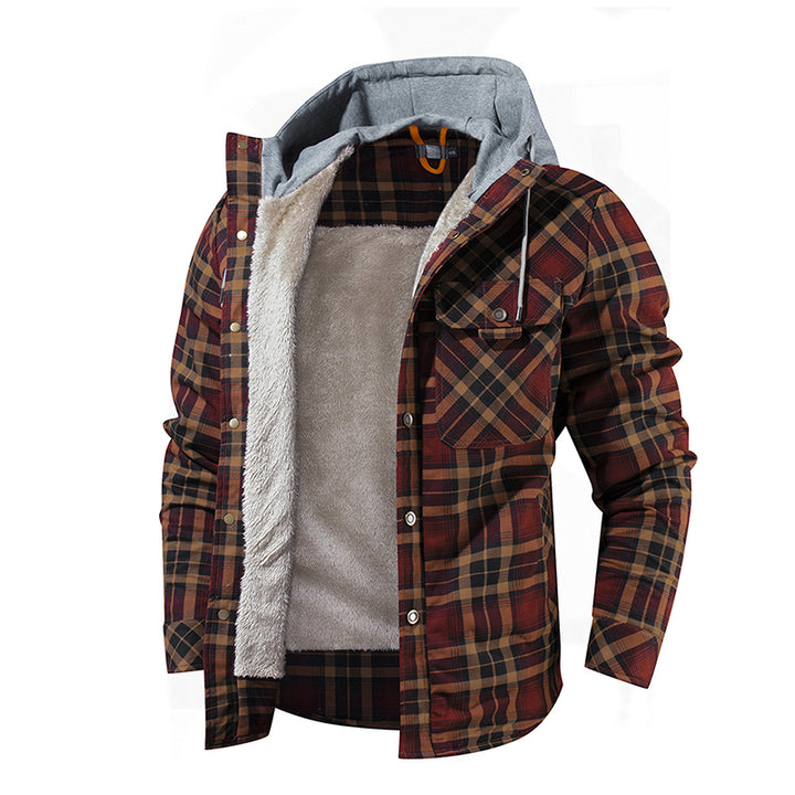 Men Warm Jacket Fleece Lining Lumberjack Plaid Hooded Jackets Snap Button - Super Amazing Store