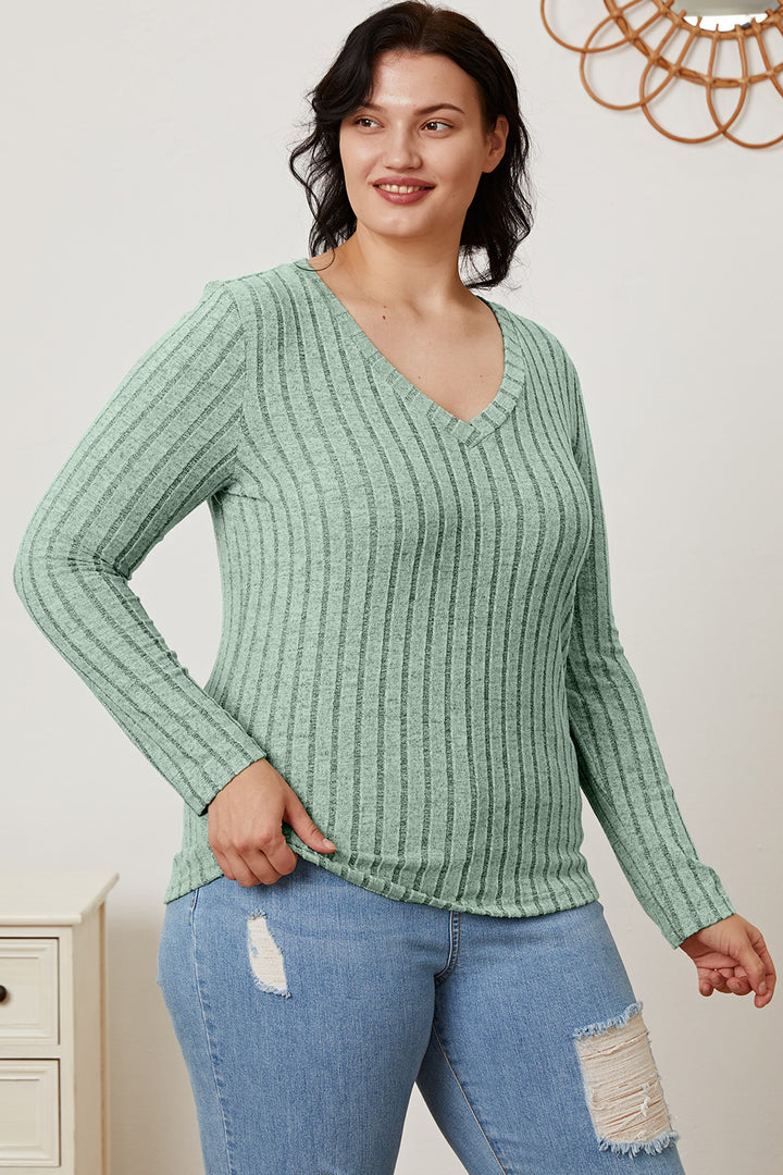 Basic Bae Full Size Ribbed V-Neck Long Sleeve T-Shirt Trendsi