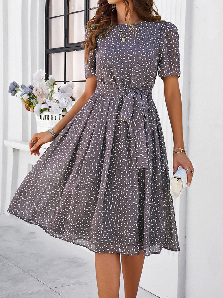 Printed Round Neck Short Sleeve Dress Trendsi