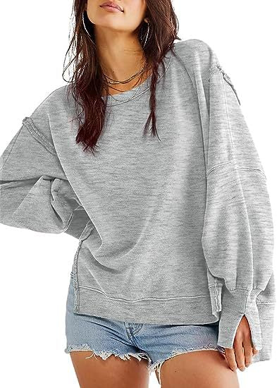 Solid Oversized Sweatshirt Crew Neck Long Sleeve - Super Amazing Store