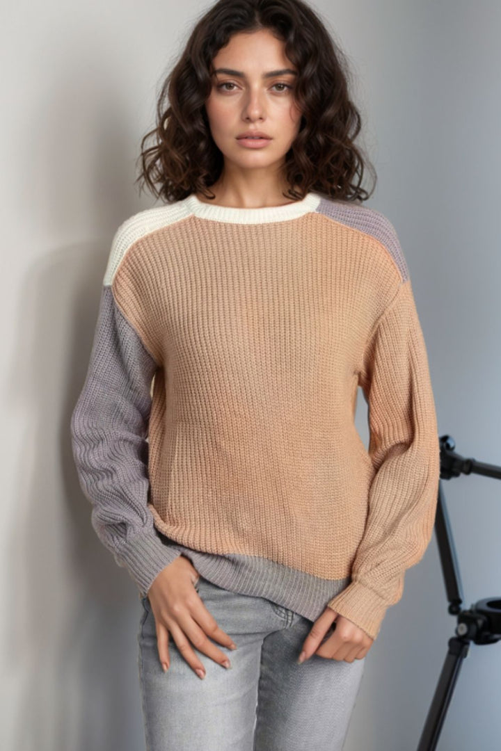 Color Block Round Neck Drop Shoulder Sweater Trendsi