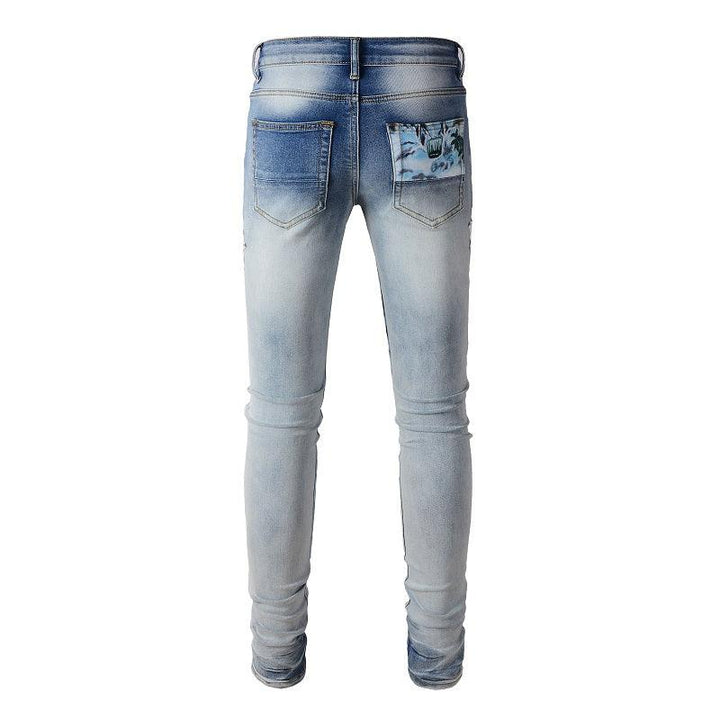 White Star Printed Patch Torn Jeans For Men - Super Amazing Store