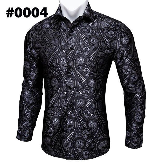 Barry.Wang Teal Paisley Floral Silk Shirts Men Autumn Long Sleeve Casual Flower Shirts For Men Designer Fit Dress Shirt BCY-05 - Super Amazing Store