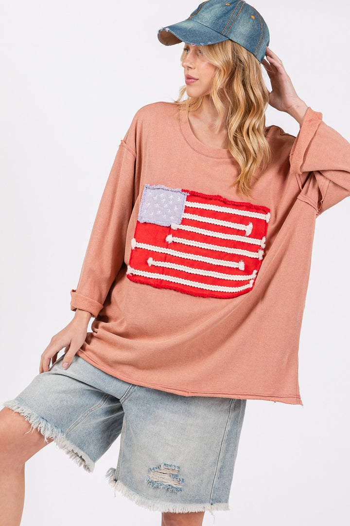 SAGE + FIG Full Size American Flag Patch Drop Shoulder T-Shirt Trendsi