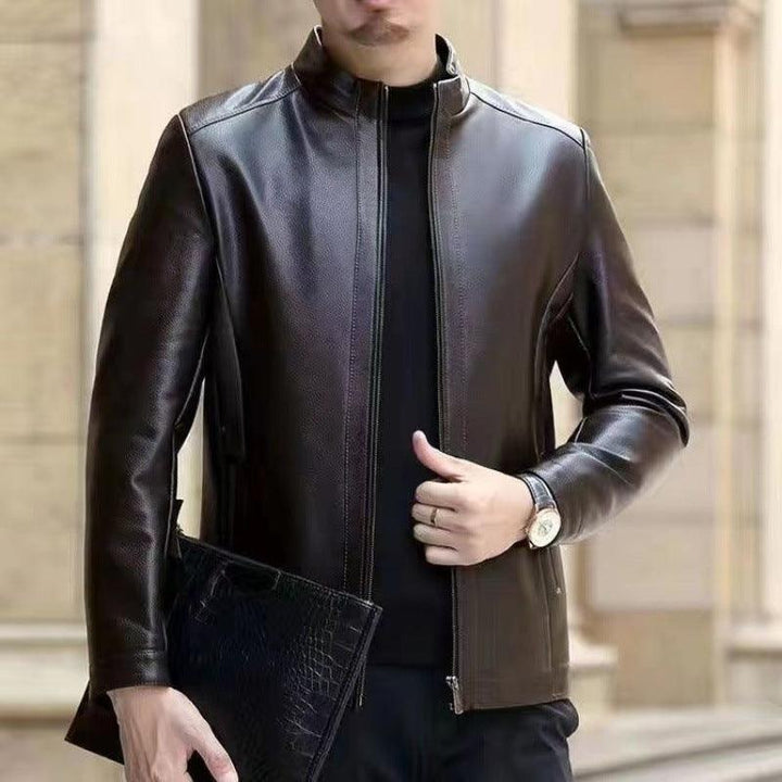 Leather Jacket For Middle-aged Men Leather Clothing With Stand Collar Men Fleece-lined Q2