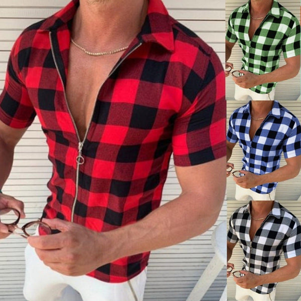 Plaid T Shirt Mens Zipper Short Sleeve Shirts Summer Men Clothing Q2