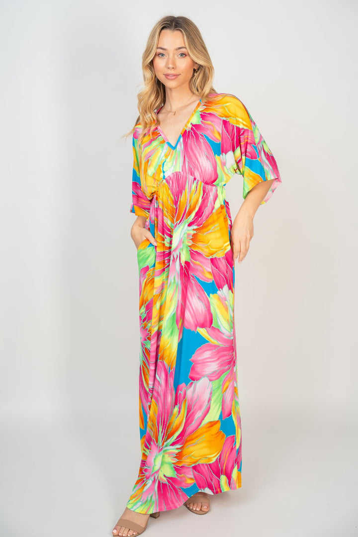 White Birch Printed V-Neck Maxi Dress with Pockets Trendsi