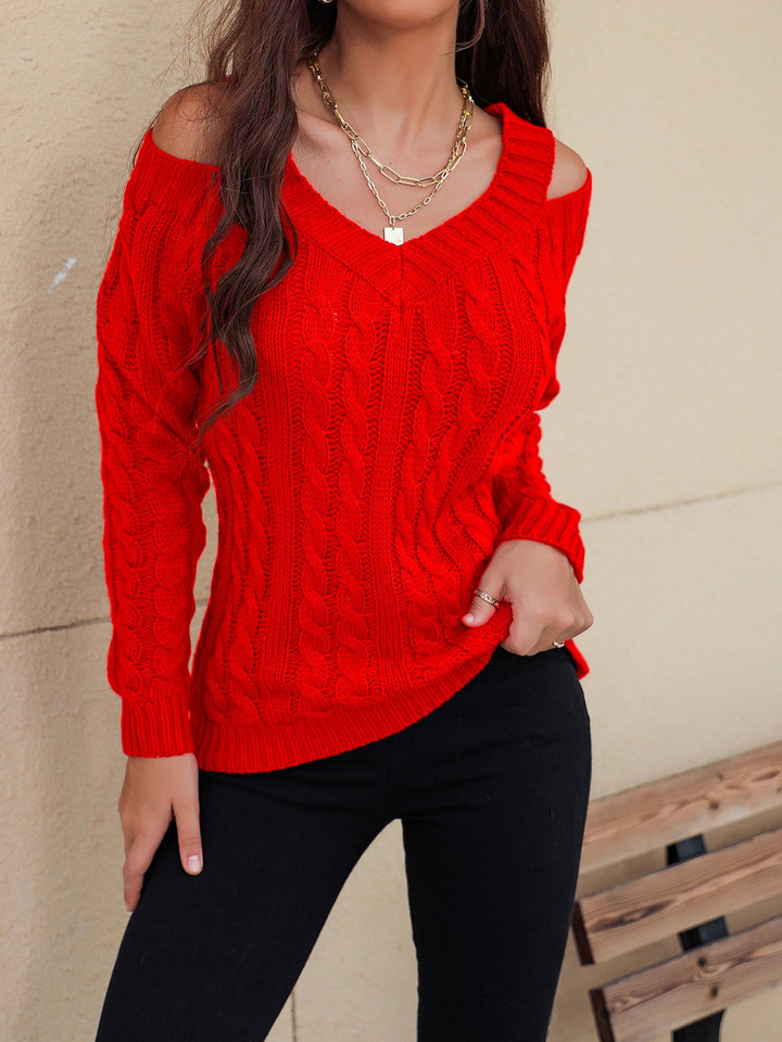 Honey Cable-Knit V-Neck Cold Shoulder Sweater Trendsi