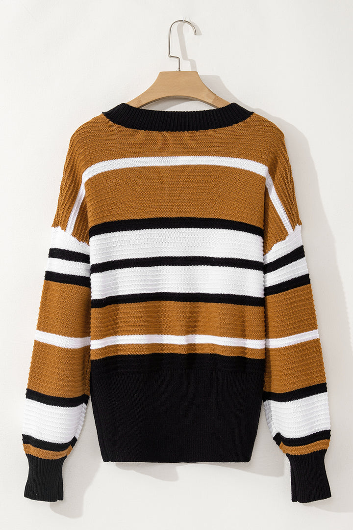 Contrast Stripes V Neck Long Sleeve Sweater Trendsi