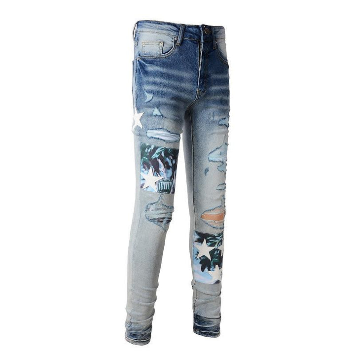 White Star Printed Patch Torn Jeans For Men - Super Amazing Store