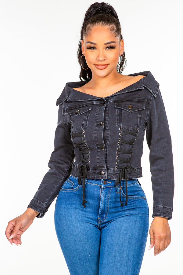 American Bazi Off Shoulder Lace Up Denim Jacket Trendsi