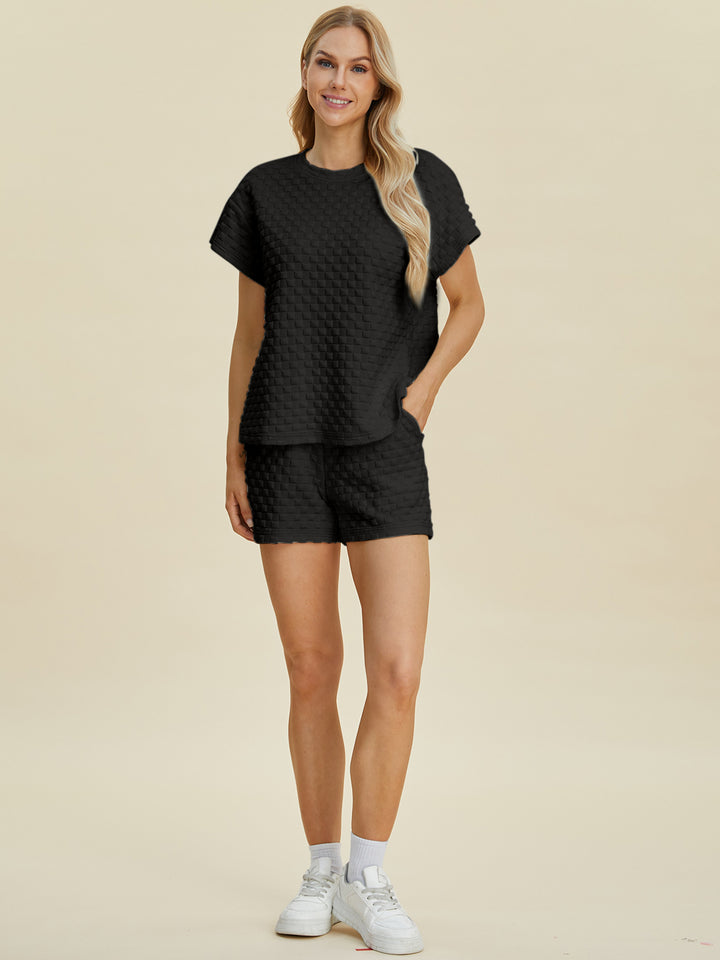 Double Take Full Size Texture T-Shirt and Shorts Set Trendsi