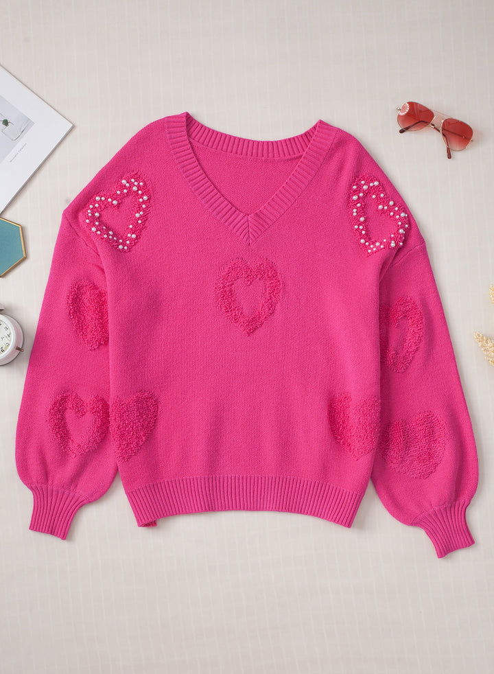 Pearl Trim Heart V-Neck Sweater Trendsi