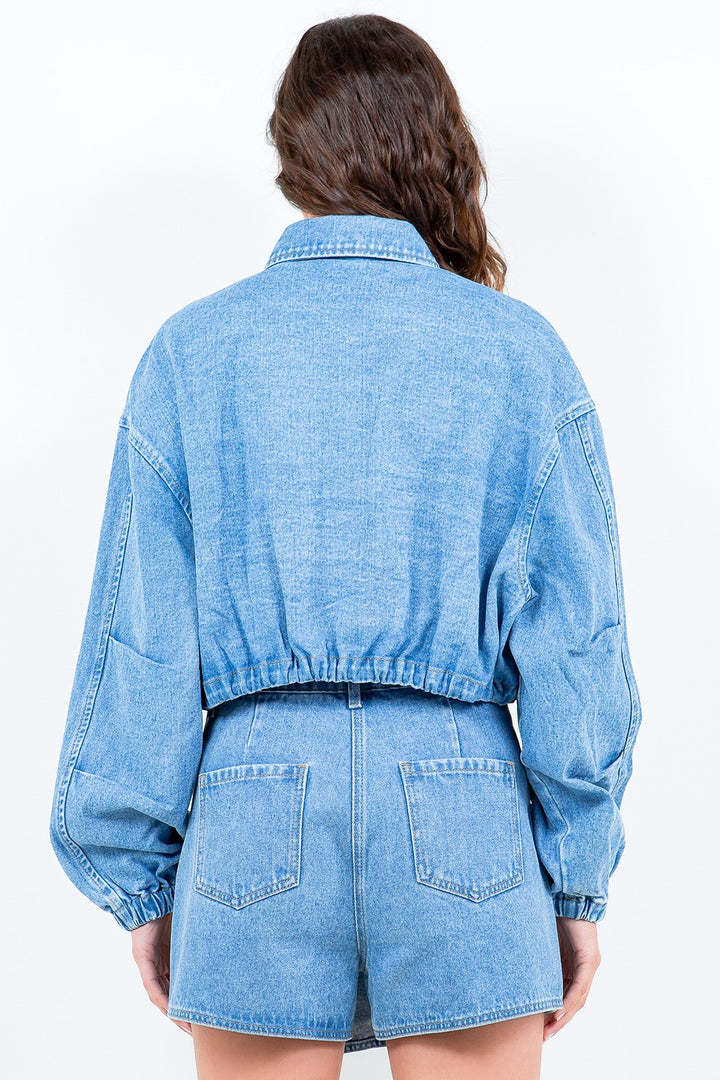 American Bazi Drawstring Waist Crop Denim Jacket Trendsi