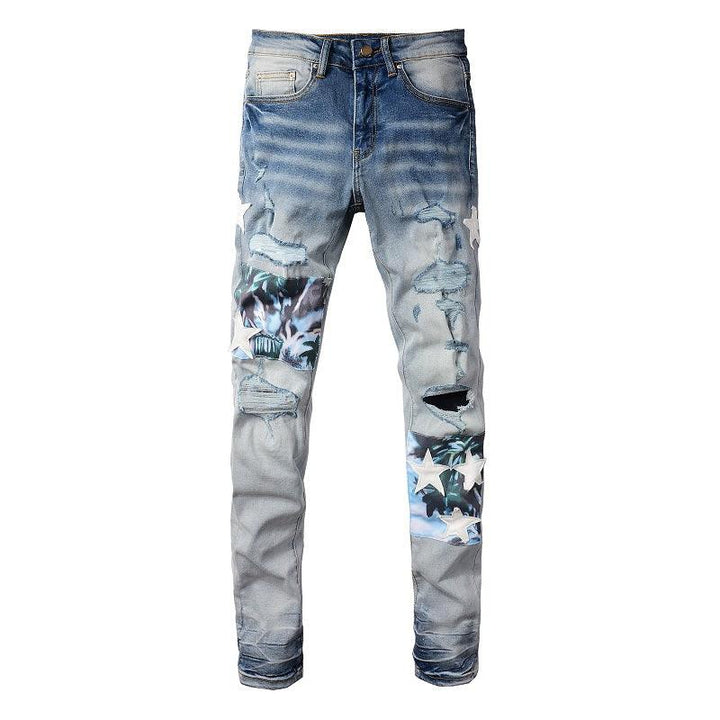 White Star Printed Patch Torn Jeans For Men - Super Amazing Store