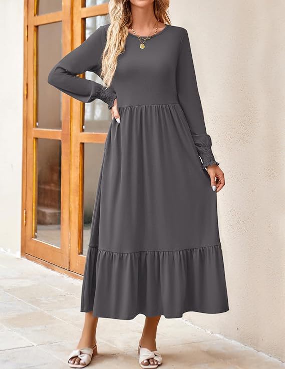 Women's Smocking Long Sleeve Round Neck Mid-length Dress Q2