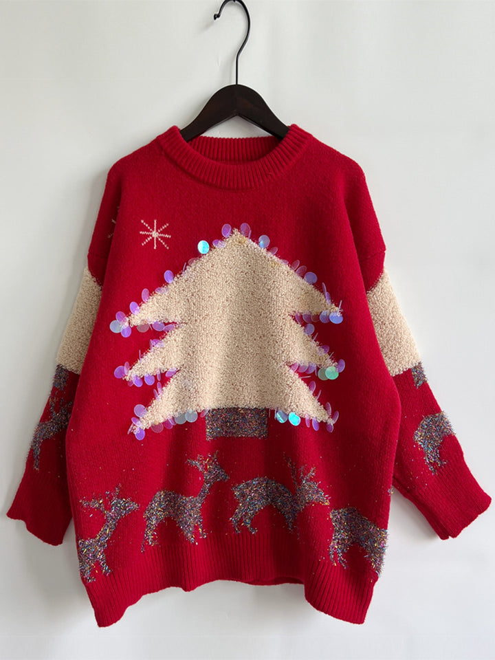 Sequin Christmas Tree & Reindeer Round Neck Sweater Trendsi