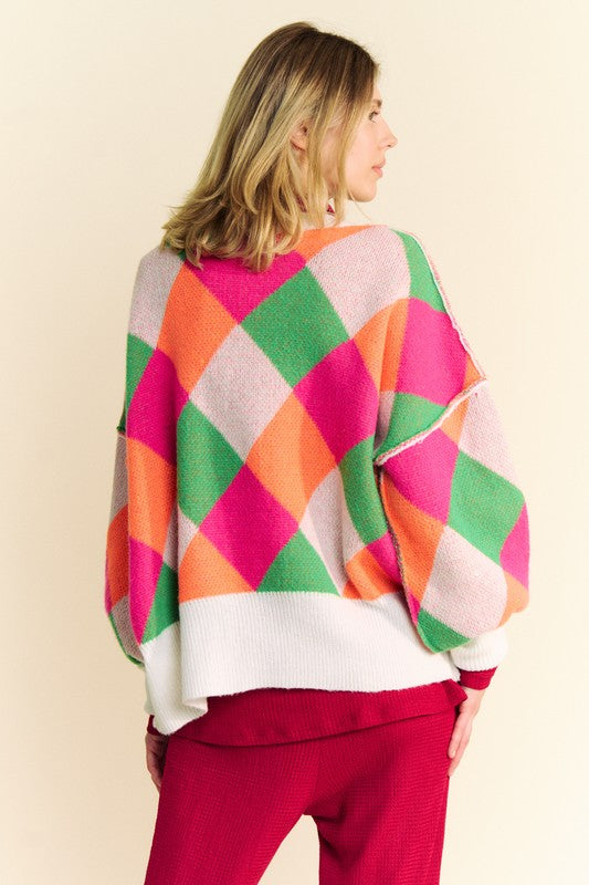 Davi & Dani Exposed Seam Color Block Dropped Shoulder Sweater Trendsi