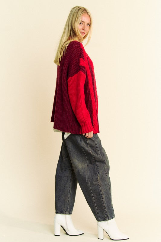 Davi & Dani Cable-Knit Color Block Open Front Cardigan Trendsi