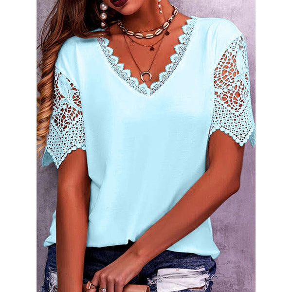 Lace Tops Women Summer Loose V Neck Short Sleeve Casual Shirts - Super Amazing Store