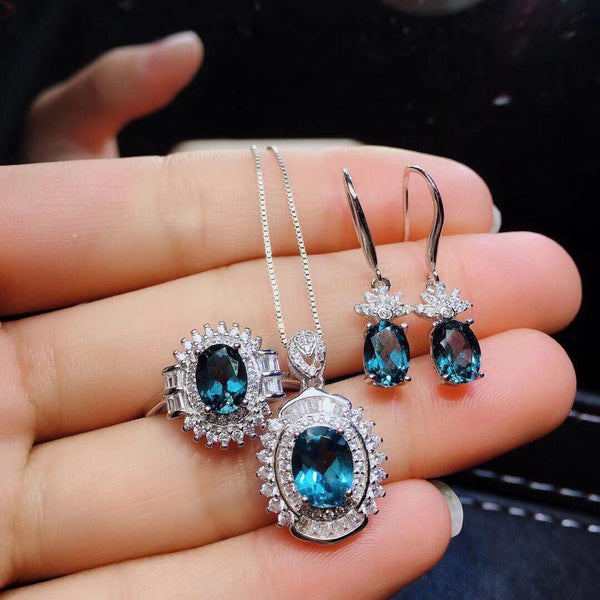 Blue Topaz Ring Pendant Earring Set Crystal S925 Silver Inlay - Super Amazing Store