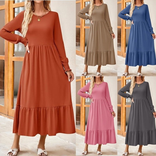 Women's Smocking Long Sleeve Round Neck Mid-length Dress Q2