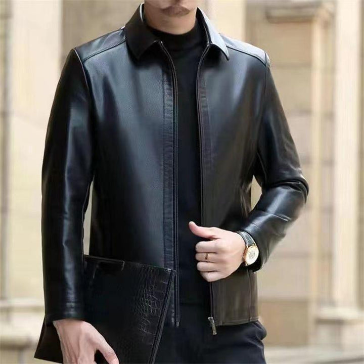 Leather Jacket For Middle-aged Men Leather Clothing With Stand Collar Men Fleece-lined Q2