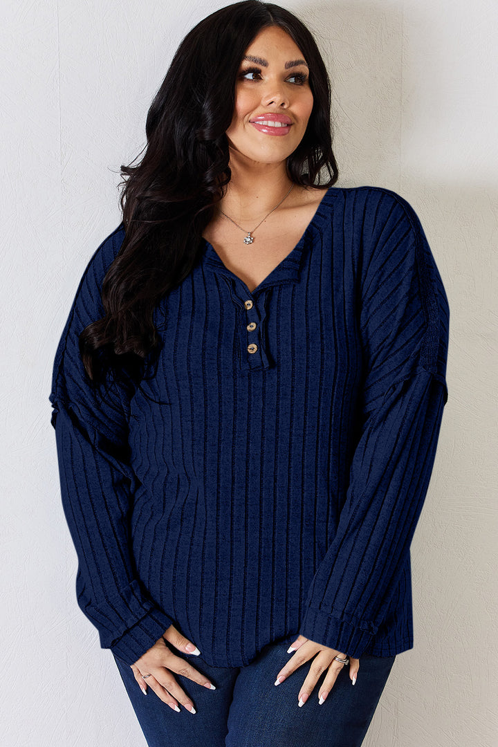 Basic Bae Full Size Ribbed Half Button Long Sleeve T-Shirt Trendsi