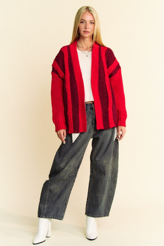 Davi & Dani Cable-Knit Color Block Open Front Cardigan Trendsi