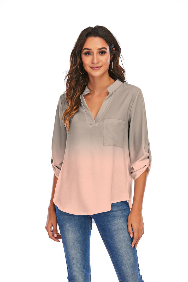 Print Gradient Blouses Women V-Neck Pockets Loose Shirts - Super Amazing Store