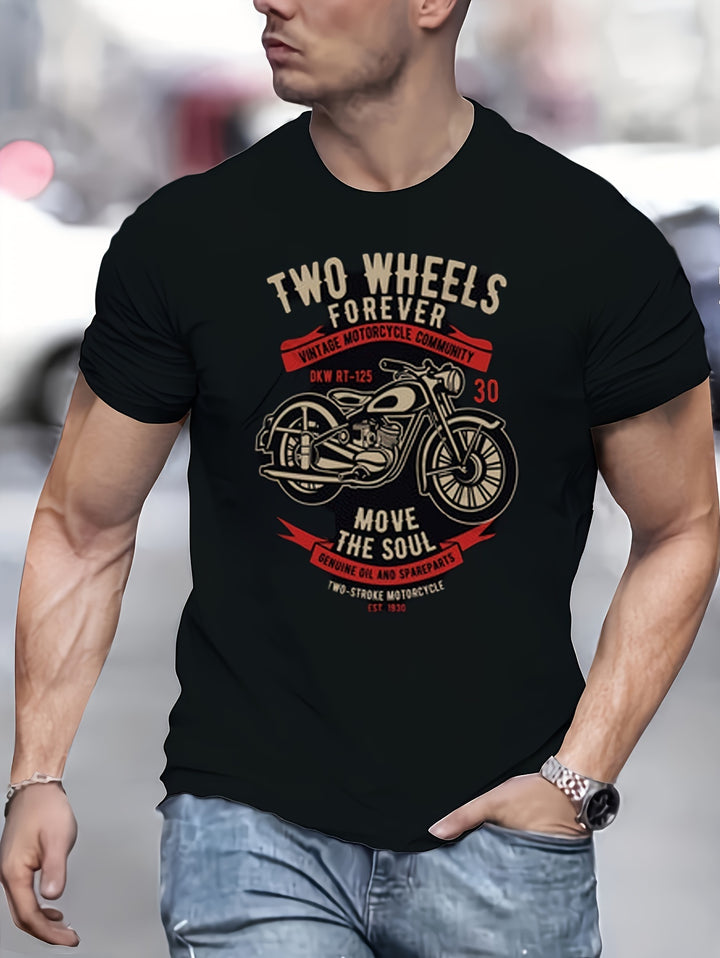 Men's Novel Pattern T-shirt, Motor Print, Polyester And Spandex, Retro Motorcycle Design, Casual Round Neck, Machine Washable Super Amazing Store