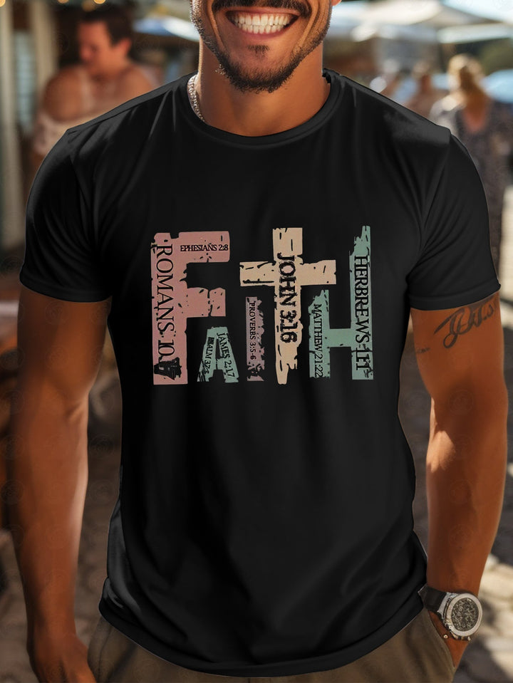 Men's Casual Round Neck T-shirt With Inspirational Bible Scripture Print, Regular Style Short Sleeved Knitted Fabric Top, Suitable For Summer Outings Super Amazing Store