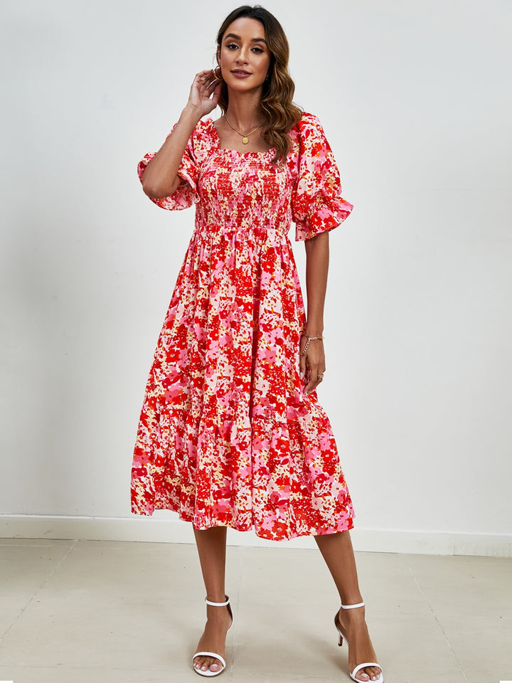 Smocked Floral Square Neck Short Sleeve Dress Trendsi