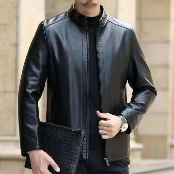 Leather Jacket For Middle-aged Men Leather Clothing With Stand Collar Men Fleece-lined Q2