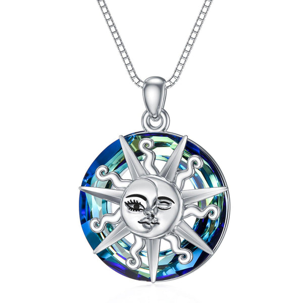 Sun and Moon Crystal Necklace 925 Sterling Silver Sun and Moon Face Necklaces Pendant Crystal Jewelry Gifts - Super Amazing Store